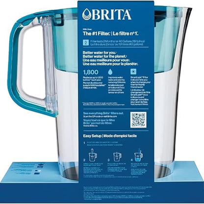 Brita Tahoe Large 10 Cup Water Filter Pitcher with Smart Light Filter Reminder and 1 Standard Filter- Transparent Teal