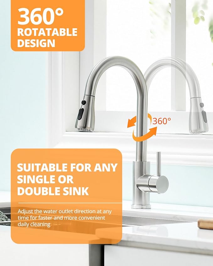Kicimpro Kitchen Faucets with Pull Down Sprayer, NSF Certified Lead-Free 304 Stainless Steel Sink Faucet 1 Hole, Faucet for Kitchen Sink, Rv, Bar, Camper, Laundry, Easy Installation,Brushed Nickel
