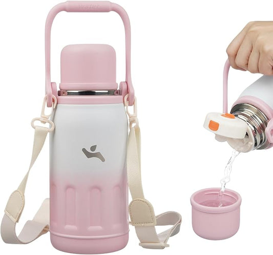 Konokyo Insulated Water Bottle with Handle and Strap,Vacuum Travel Tumbler with Cup Lid,Thermo Coffee Cup for Hot Cold Drinks 27 OZ,Pink Pearl