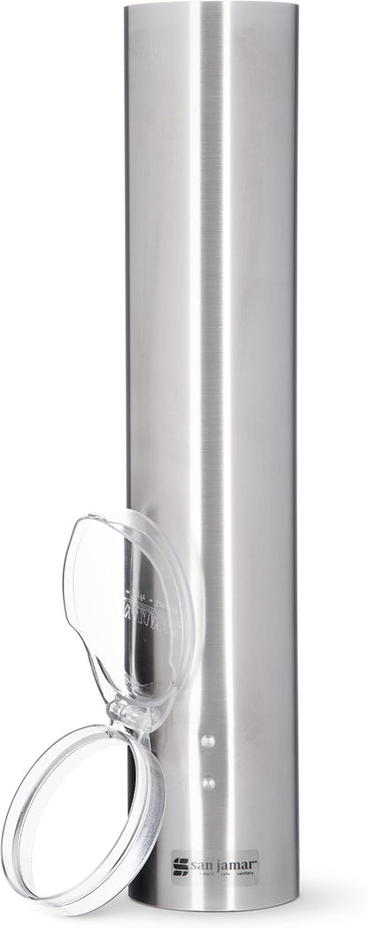 San Jamar Small Pull-Type Cup Dispenser Fits 3-4.5 Oz Cone Cups, 3-5 Oz Flat Cups with Flip Caps for Restaurants, Dining Halls, and Fast Food, Stainless Steel, 16 Inches, Silver