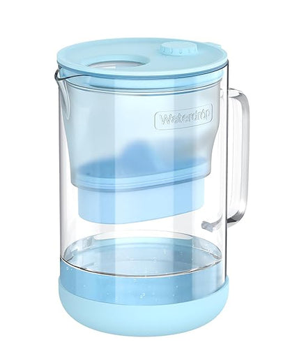 Waterdrop PT-09B-A 10-Cup Large Glass Alkaline Water Filter Pitcher, Eco-Friendly, Enhances Alkaline Water, for Home & Office, Reduces PFOA/PFOS, Chlorine, Cadmium, Copper & Mercury, Blue