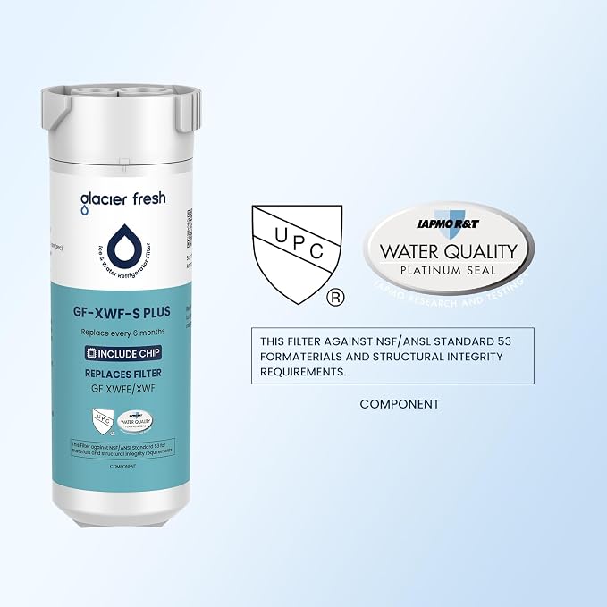 GLACIER FRESH Water Filter Compatible with XWFE (Built-in CHIP), Replacement for GE XWFE, XWF Refrigerator Water Filter NSF/ANSI 53 Certification Pack of 2 | Replacement for GE XWFE, XWF Refrigerator Water Filter NSF/ANSI 53 Certification