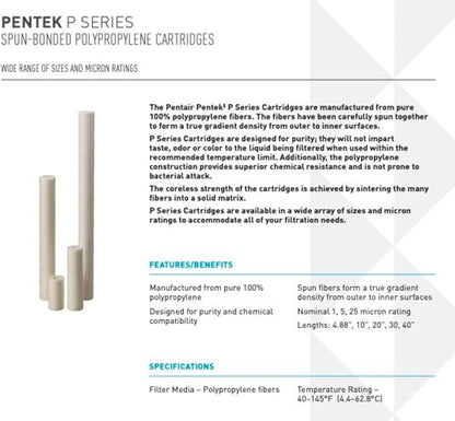 Pentair Pentek P25 Sediment Water Filter, 10-Inch, Under Sink Spun-Bonded Polypropylene Replacement Cartridge, 10" x 2.5", 25 Micron,White