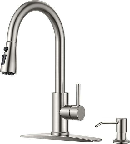 FORIOUS Kitchen Faucets with Soap Dispenser and Pull Down Sprayer, Brushed Nickel, Bar High Arc Single Handle Classic 3 Modes Stainless Steel Faucet for Kitchen Sink Farmhouse RV Laundry Camper