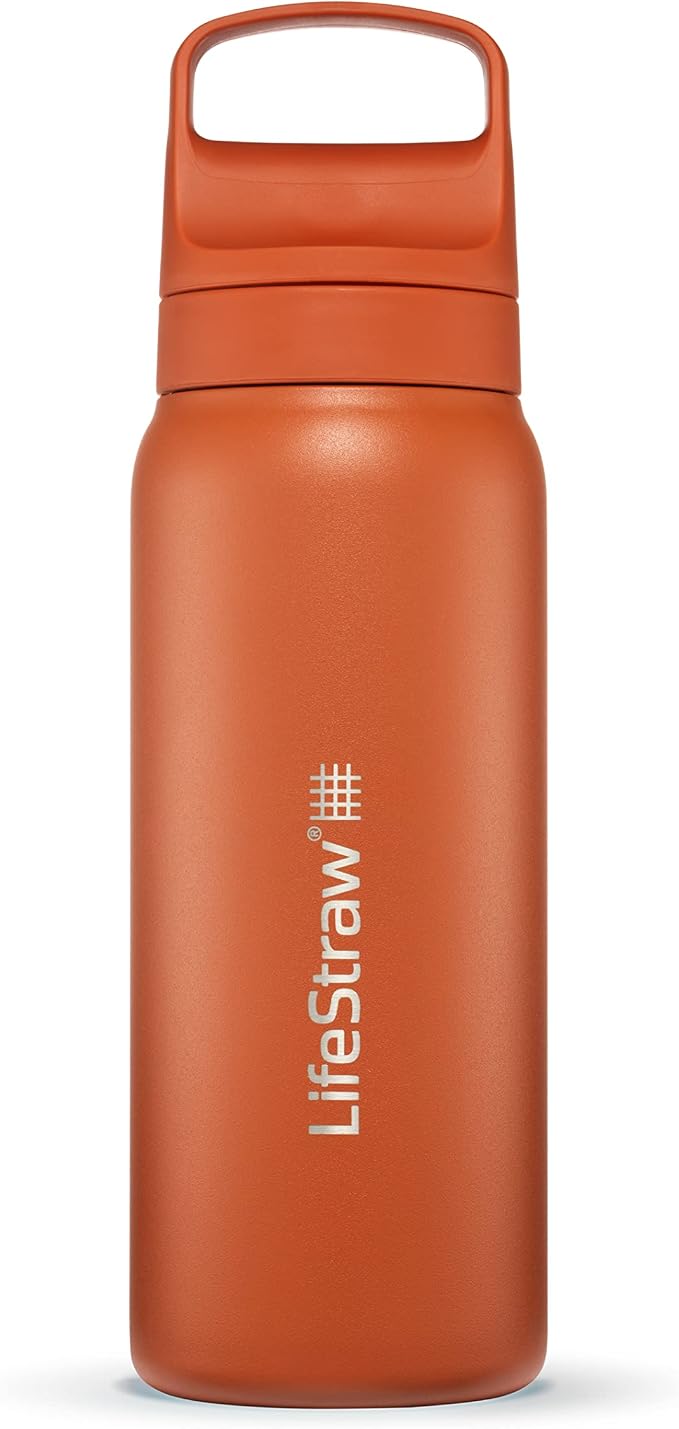 LifeStraw Go Series — Insulated Stainless Steel Water Filter Bottle for Travel and Everyday Use Removes Bacteria, Parasites and Microplastics, Improves Taste, 24 oz, Kyoto Orange