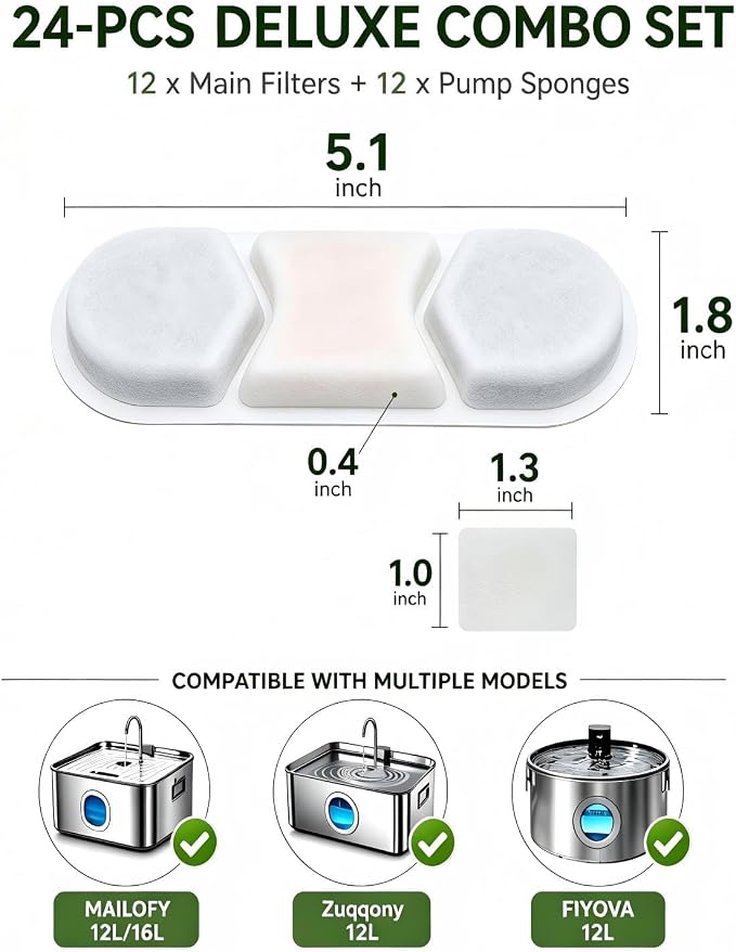 12 Pack Dog Water Fountain Filters Replacement Compatible with Zuqqony DYSJ01 12L MAILOFY WF120 WF160 FIYOVA Stainless Steel Automatic Pet Dispenser, 5-Layer Water Softener Carbon Filter, 6-Month Set