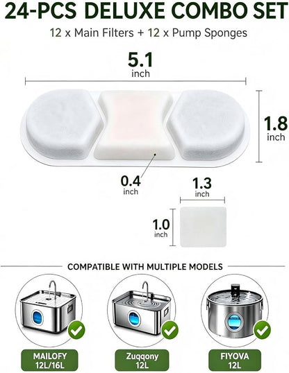 12 Pack Dog Water Fountain Filters Replacement Compatible with Zuqqony DYSJ01 12L MAILOFY WF120 WF160 FIYOVA Stainless Steel Automatic Pet Dispenser, 5-Layer Water Softener Carbon Filter, 6-Month Set