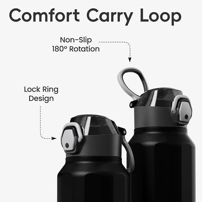 Konokyo FLOWPLAY 40oz Locking Push-Button Water Bottle with Silicone Spout,Leak-Proof,18/8 Stainless Steel Double-Wall Vacuum Insulated for Sports and Travel,BPA-Free,Black
