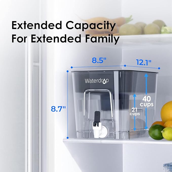 Waterdrop WFD-22L Water Filter Dispenser with 4 Filters, 40-Cup, Black | 200-Gallon Long-Life Water Filter Pitcher, Large Capacity, Reduces Chlorine, PFOA/PFOS and More, BPA Free