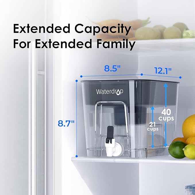 Waterdrop WFD-22L Large Water Filter Dispenser, 40-Cup Water Filter Pitcher, 200-Gallon Long-Life, Reduces Chlorine, PFOA/PFOS and More, BPA Free, Black