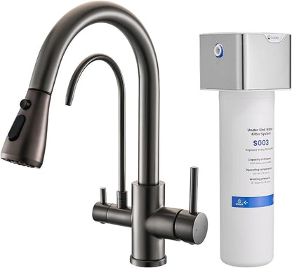 GIMILI Black Stainless 3 in 1 Kitchen Faucet with Under Sink Water Filter System, Reduces Lead, Chlorine, Bad Taste & Odor, Kitchen Sink Faucet with Drinking Water Faucet