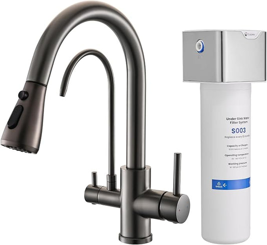 GIMILI Black Stainless 3 in 1 Kitchen Faucet with Under Sink Water Filter System, Reduces Lead, Chlorine, Bad Taste & Odor, Kitchen Sink Faucet with Drinking Water Faucet