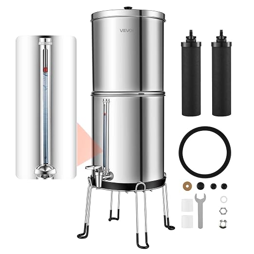 VEVOR Gravity-fed Water Filter System, 2.25G 304 Stainless-Steel Countertop Water Filtration System, Reduces Lead and up to 99% of Chlorine, w/ 2 Carbon Filter, Spigot, Stand