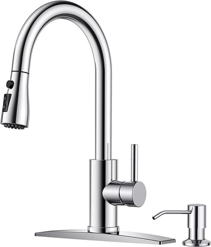 FORIOUS Kitchen Faucets with Soap Dispenser and Pull Down Sprayer, Chrome, Bar High Arc Single Handle Classic 3 Modes Stainless Steel Faucet for Kitchen Sink Farmhouse RV Laundry Camper
