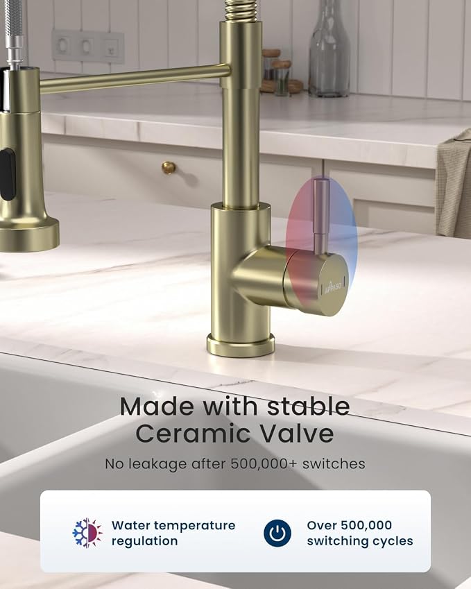 APPASO Gold Kitchen Faucet with Pull Down Sprayer and Soap Dispenser | Single Handle High Arc Spout, NSF Certified 1 or 3 Hole Installation, for Kitchen Sink Farmhouse RV Laundry Camper