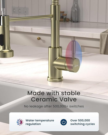 APPASO Gold Kitchen Faucet with Pull Down Sprayer and Soap Dispenser | Single Handle High Arc Spout, NSF Certified 1 or 3 Hole Installation, for Kitchen Sink Farmhouse RV Laundry Camper