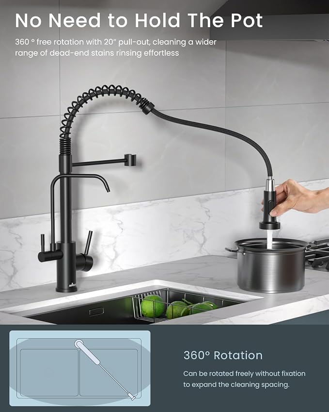 APPASO 3 Way Black Kitchen Faucet with Water Filler | NSF/ANSI/CAN 372 & Lead-free Faucet with Water Filter, 3 in 1 Drinking Sink Faucets Matte Black (Without Filtration Device)