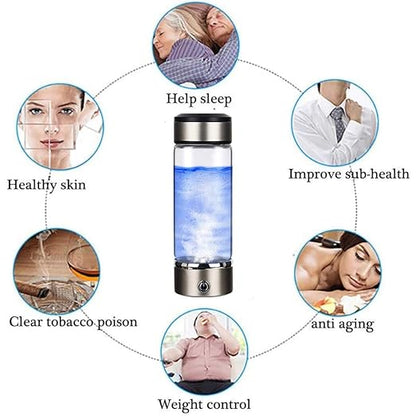 Rich Hydrogen Cup, Rechargeable Water Ionizer Portable Glass Bottles with Alkaline Energy 3 Minutes Micro Electrolysis Hydrogen Production