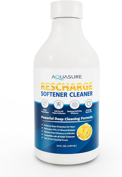 Aquasure Rescharge Liquid Water Softener Cleaner Solution | Restores Whole House Softener Efficiency, Cleans Fouled Resin, Removes Contaminants, Extends Water Softener Life, 16 Oz
