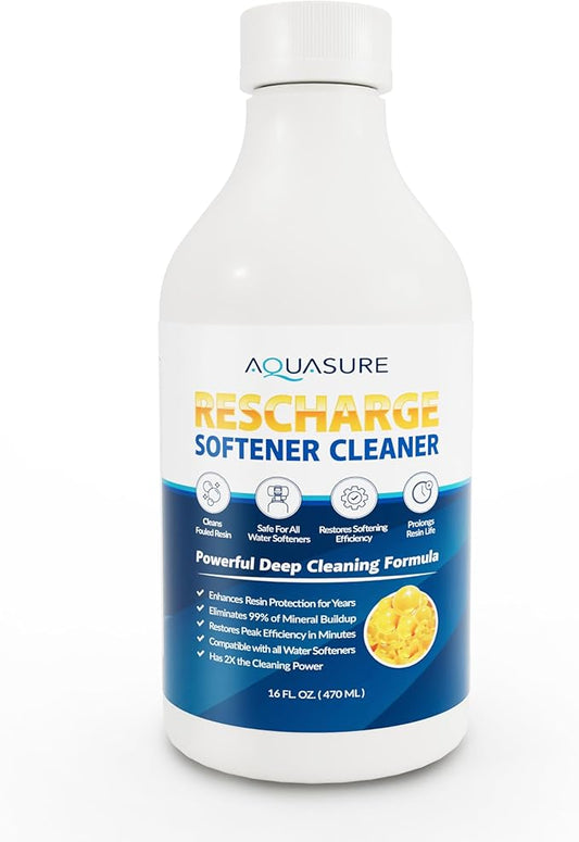 Aquasure Rescharge Liquid Water Softener Cleaner Solution | Restores Whole House Softener Efficiency, Cleans Fouled Resin, Removes Contaminants, Extends Water Softener Life, 16 Oz