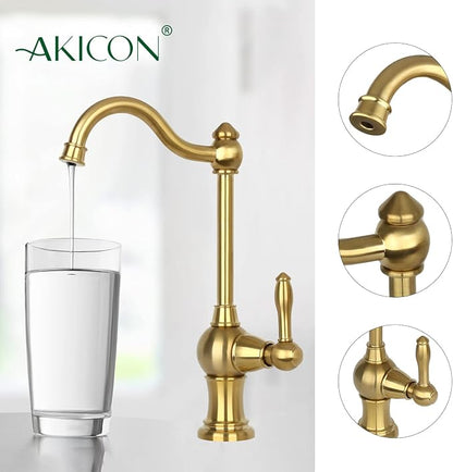 Akicon Brass Body Kitchen Faucet - 100% Drinking Water, Fits Most RO Units or Filtration Systems, Non-Air Gap, Cold Water Only (Brushed Gold)