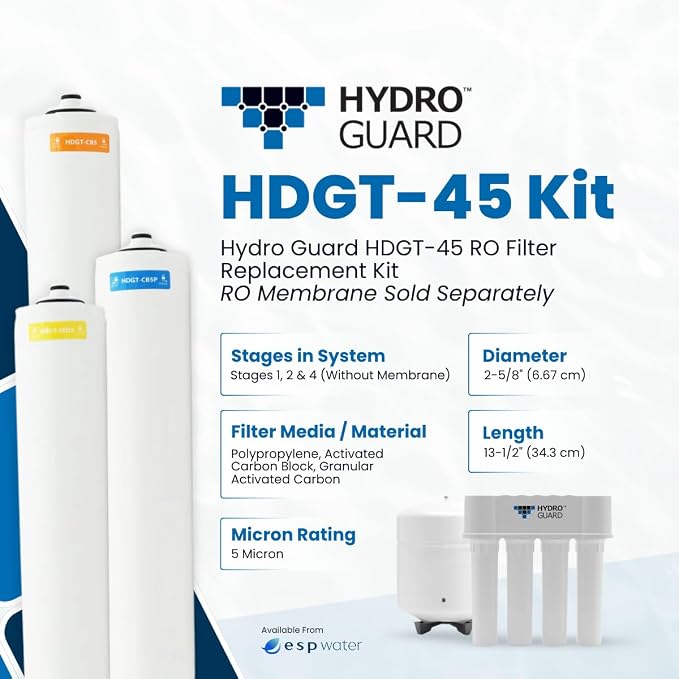 Hydro Guard Annual RO Filter Replacement Kit - Membrane Sold Separately, Includes HDGT-SED5, HDGT-CB5, HDGT-CB5P, Fits HDGT-45 Reverse Osmosis Drinking Water Series Systems