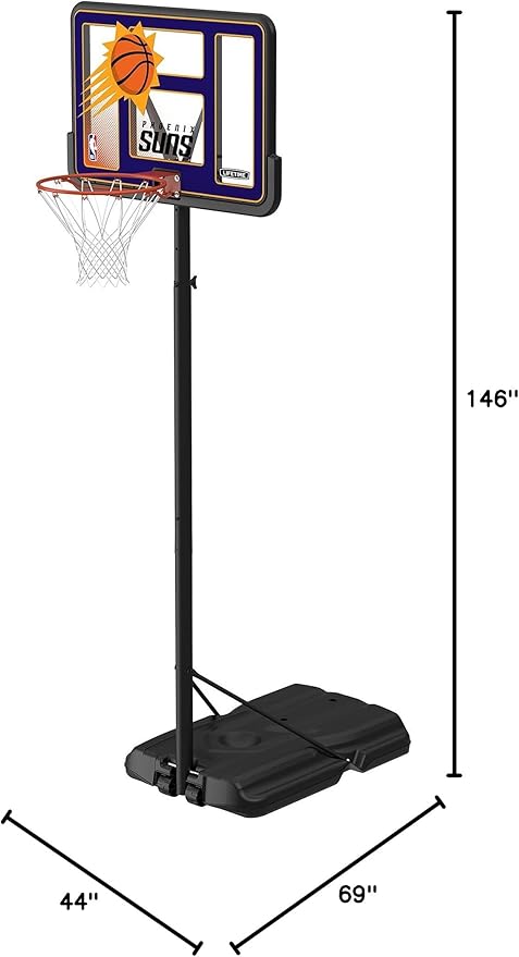 Lifetime NBA Phoenix Suns Portable Basketball Hoop, Adjustable Height 7.5-10 Ft, 44 Inch Shatterproof Fusion Backboard, Base with Wheels