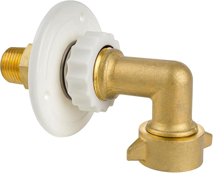 RV City Water Inlet with 90-Degree Lead-Free Brass Elbow, 3/4 NH Female to 1/2 NPT Male Connection, Ideal RV Water Fill Replacement Flange