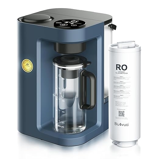 Bluevua RO100ROPOT-Lite Countertop Reverse Osmosis Water Filter System, 3:1 Pure to Drain Ratio, Portable RO Filtration with Remineralization, No Installation, WQA Certified, 7-Stage UV Blue