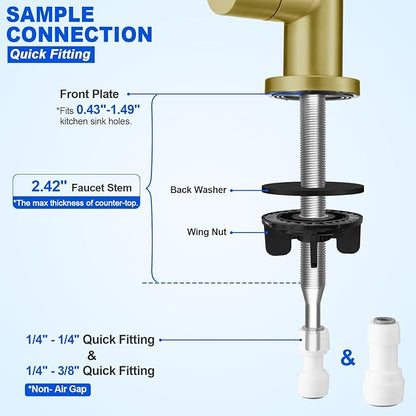 Drinking Water Faucet - Long Thread Stem Filtered Water Tap for Thick Countertop,Lead-Free RO Faucet with Hose and Quick Connect Fittings(Matte Gold)