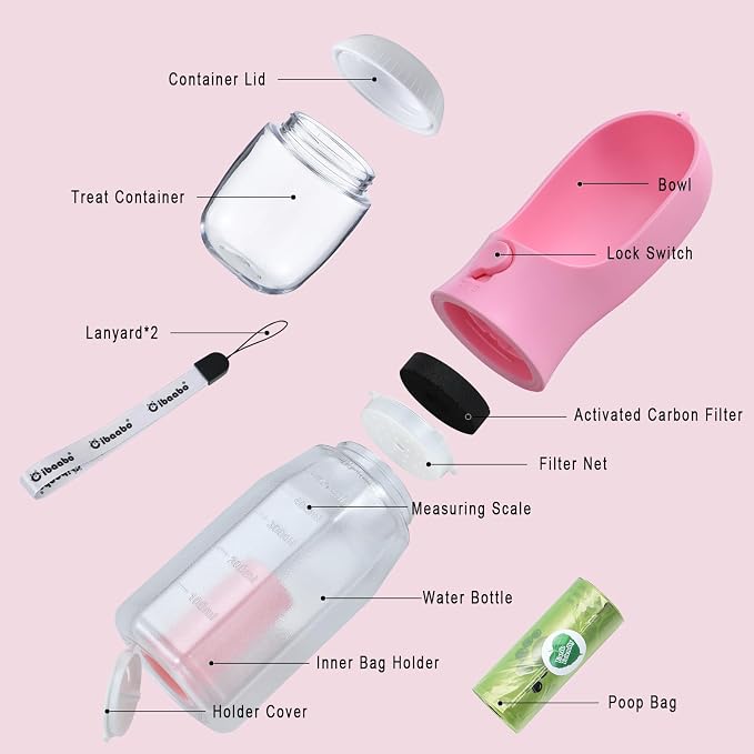 Cibaabo Dog Water Bottle with Food Container & Poop Bag Holder & Filter | Travel Water Bowl, Portable Pet Dispenser, Dog Gifts, Puppy Essentials for Walking Hiking