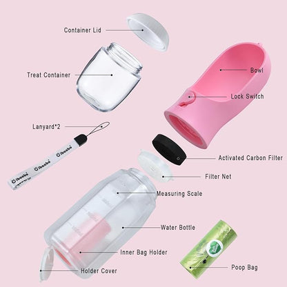 Cibaabo Dog Water Bottle with Food Container & Poop Bag Holder & Filter | Travel Water Bowl, Portable Pet Dispenser, Dog Gifts, Puppy Essentials for Walking Hiking