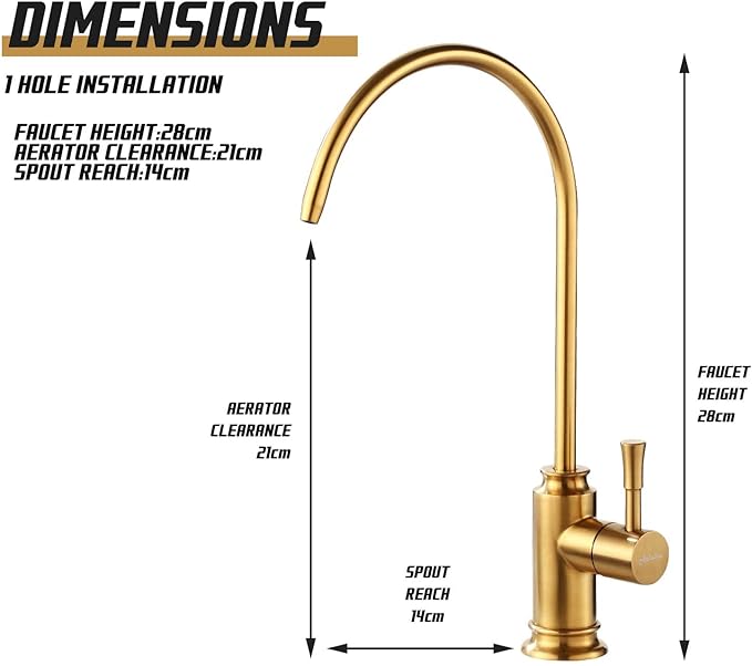 Achelous Brushed Gold Kitchen Water Filter Faucet,Stainless Steel Lead-Free Drinking Water Faucet Fits Reverse Osmosis Units or Filtration System in Non-Air Gap