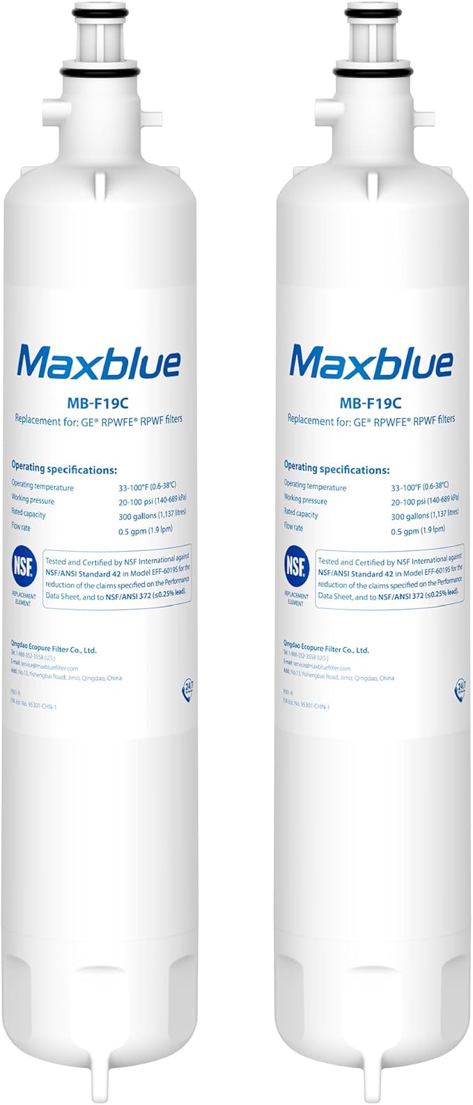 Maxblue MB-F19C Replacement for GE® RPWFE®, RPWF (with CHIP) Refrigerator Water Filter, Compatible with WSG-4, WF277, GFE28GMKES, PFE28KBLTS, GFD28GSLSS, PWE23KSKSS, GYE22HMKES, DFE28JSKSS, 2 Filters