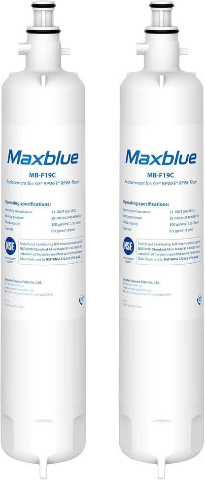 Maxblue MB-F19C Replacement for GE® RPWFE®, RPWF (with CHIP) Refrigerator Water Filter, Compatible with WSG-4, WF277, GFE28GMKES, PFE28KBLTS, GFD28GSLSS, PWE23KSKSS, GYE22HMKES, DFE28JSKSS, 2 Filters