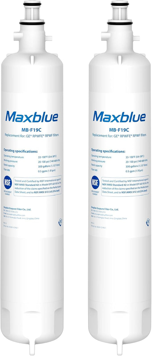 Maxblue MB-F19C Replacement for GE® RPWFE®, RPWF (with CHIP) Refrigerator Water Filter, Compatible with WSG-4, WF277, GFE28GMKES, PFE28KBLTS, GFD28GSLSS, PWE23KSKSS, GYE22HMKES, DFE28JSKSS, 2 Filters