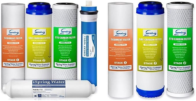 iSpring F5-75 Reverse Osmosis Replacement Water Filter Pack Set for 5-Stage System & F3 6-Month Prefilter Replacement Supply Filter Cartridge Pack Set