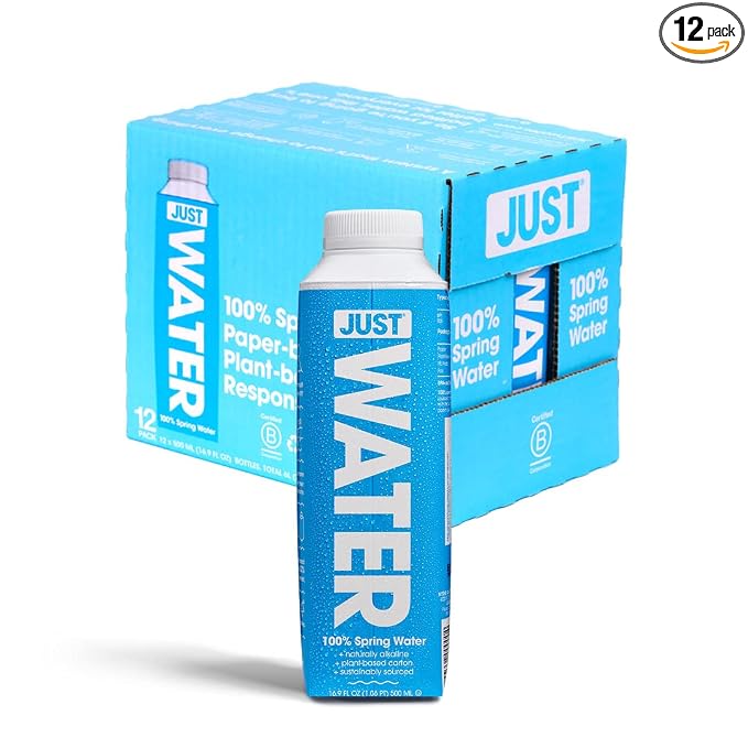 JUST Water, Premium Pure Still Spring Water in an Eco-Friendly BPA Free Plant-Based Bottle - Naturally Alkaline, High 8.0 pH - Fully Recyclable Boxed Carton, 16.9 Fl Oz (Pack of 12)