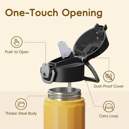 Konokyo FLOWPLAY 22oz Locking Push-Button Water Bottle with Silicone Spout,Leak-Proof,18/8 Stainless Steel Double-Wall Vacuum Insulated for Sports and Travel,BPA-Free,Rainbow