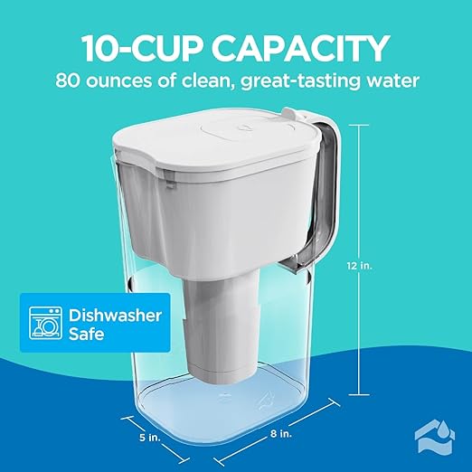 HOMEWATER 10-Cup Water Filter Pitcher (White) + 2 Replacement Filters Bundle – BPA-Free, High-Flow Carbon Filtration Pitcher, Refrigerator-Slim, Long-Life Filters (Up to 160 gals)