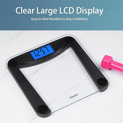 Vitafit Digital Bathroom Weight Scale for Body Weight, High Accuracy Assured by Weighing Professional Since 2001,Extra Large Blue Backlit LCD and Step-On, 400lb/182kg, Superb Black