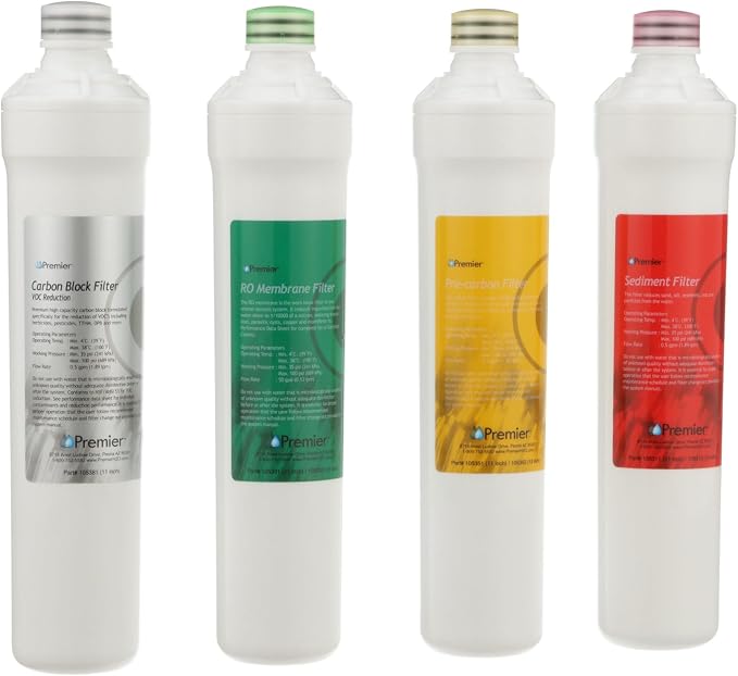 Watts Premier RO Pure Plus 4-Pack Filtration Kit for 4 Stage Pure Plus/Zero Pure Plus Reverse Osmosis System, Push Button Water Filter Replacement, Sediment Filter, Carbon Pre-Filter, VOC, Membrane