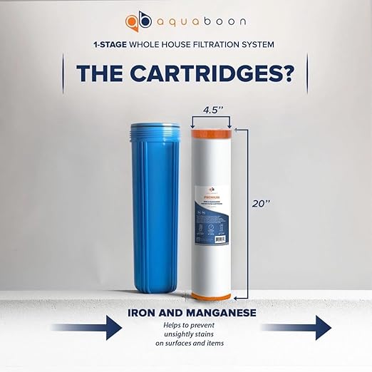 Aquaboon Whole House Water Filter System for Well Water with 5 Micron 20x4.5 Iron & Manganese Water Purification Cartrige | NSF Certified, Pressure Gauges & Releas, Wrench, Bracket 1" NPT