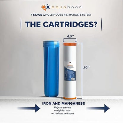 Aquaboon Whole House Water Filter System for Well Water with 5 Micron 20x4.5 Iron & Manganese Water Purification Cartrige | NSF Certified, Pressure Gauges & Releas, Wrench, Bracket 1" NPT