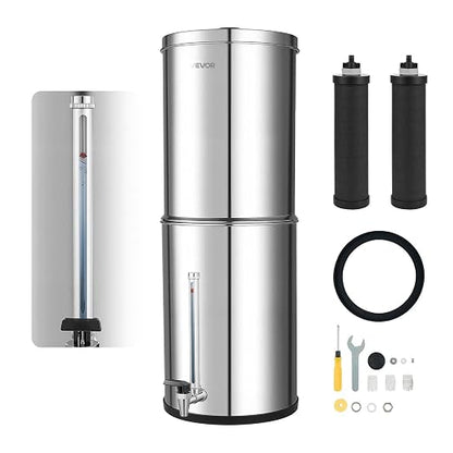 VEVOR Gravity-fed Water Filter System, 3.25G 304 Stainless-Steel Countertop Water Filtration System, Reduces Lead and up to 99% of Chlorine, with 2 Carbon Filters, Water Level Spigot, for Home Camping