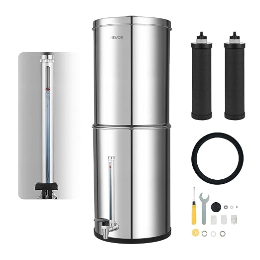 VEVOR Gravity-fed Water Filter System, 3.25G 304 Stainless-Steel Countertop Water Filtration System, Reduces Lead and up to 99% of Chlorine, with 2 Carbon Filters, Water Level Spigot, for Home Camping