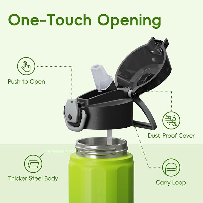 Konokyo FLOWPLAY 18oz Locking Push-Button Water Bottle with Silicone Spout,Leak-Proof,18/8 Stainless Steel Double-Wall Vacuum Insulated for Sports and Travel,BPA-Free,Matcha Green