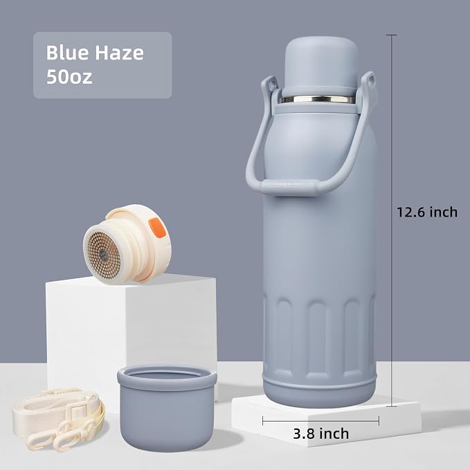 Insulated Water Bottle with Handle and Strap,Vacuum Travel Tumbler with Cup Lid,Thermo Coffee Cup for Hot Cold Drinks 50 OZ,Blue Haze