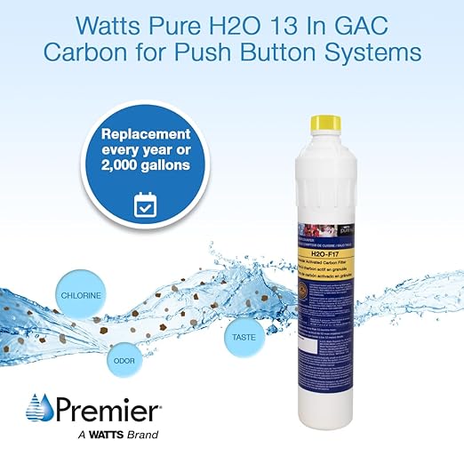 Watts Premier H2O-F17 Pure H2O GAC Carbon Filter Replacement for H2O-DWGC100, H2O-DWGC101, H2O-DWRO300 Under Counter Water Filtration Systems, Push Button Design