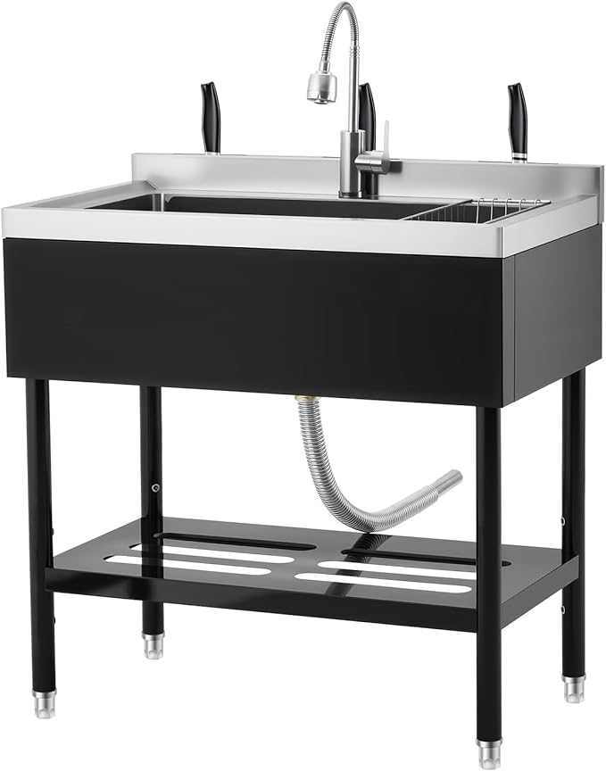Garvee 36" Black Stainless Steel Utility Sink with Faucet, Adjustable Height Freestanding Commercial Sink with Hot & Cold Water, Shelf, Basket & Drain Kit for Kitchen, Garage, Laundry, or Outdoor Use